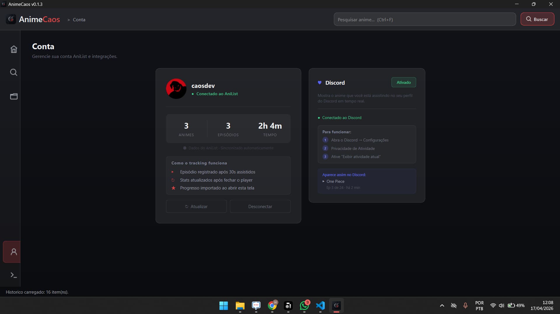 AnimeCaos - interface completa